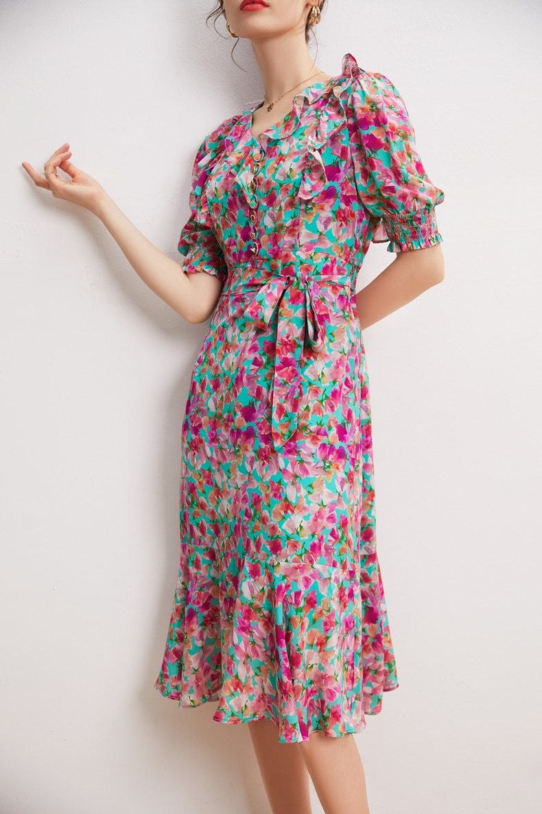 V Neck Short Sleeves Ruffles Sash Belt Printed  Dress Mssaz Desses