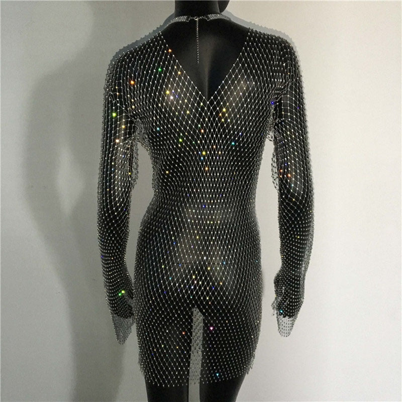 Bling Rhinestones Fishnet Mini Dress  Long Sleeve Crystal Dress Mssaz Desses