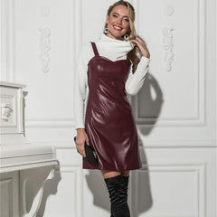 Pu Leather Spaghetti Strap Sleeveless Mini Dress Mssaz Desses