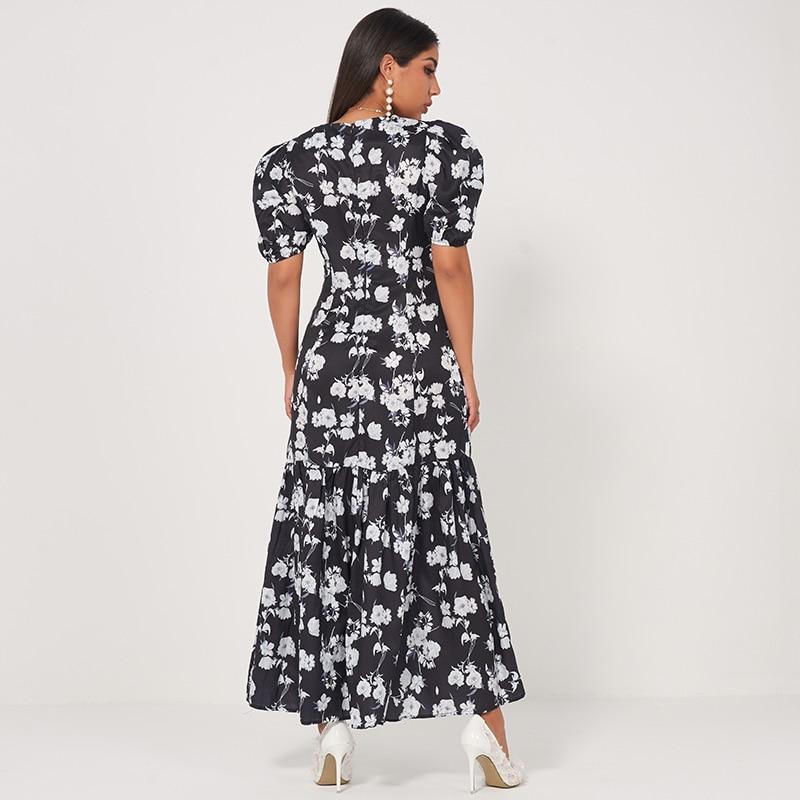 New Retro Long Waist Fishtail Slim-fit V-neck Lantern Sleeves Banquet Floral Sweet Dress Mssaz Desses