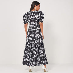 New Retro Long Waist Fishtail Slim-fit V-neck Lantern Sleeves Banquet Floral Sweet Dress Mssaz Desses