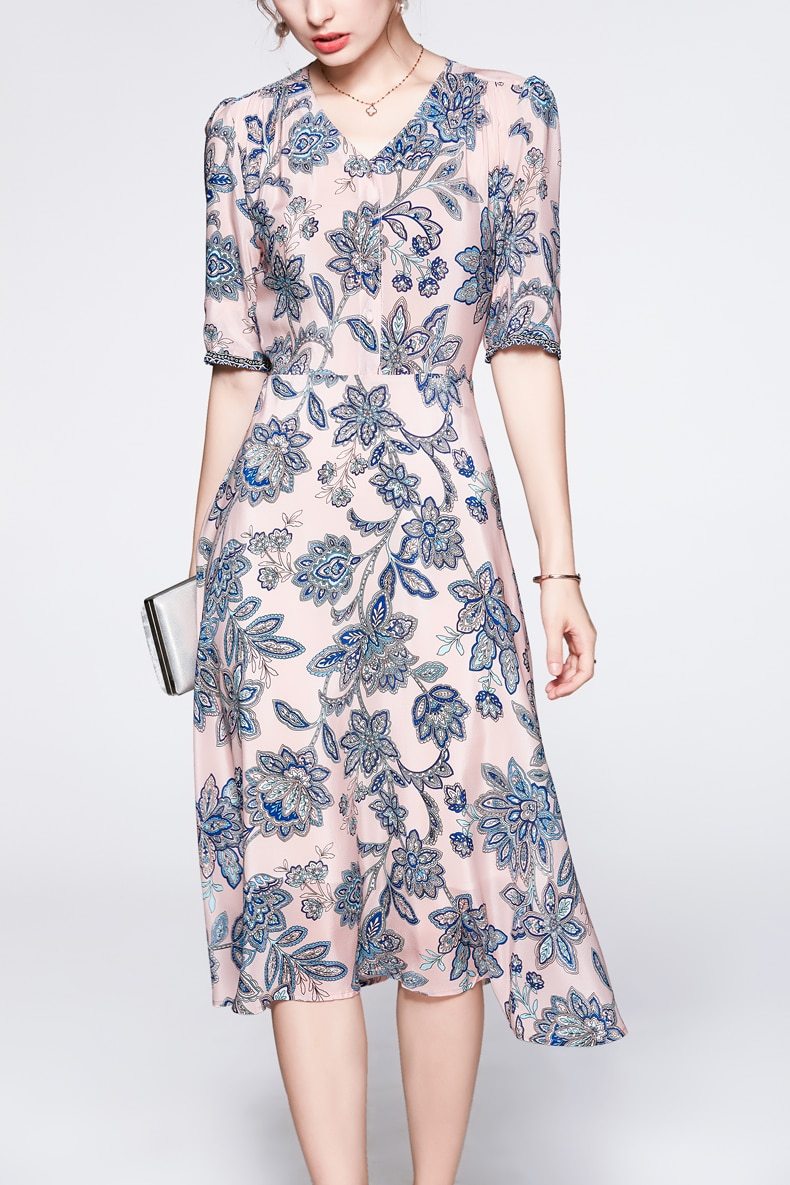 V Neck Short Sleeves Printed Ruched  Dress Mssaz Desses