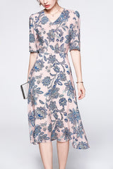 V Neck Short Sleeves Printed Ruched  Dress Mssaz Desses