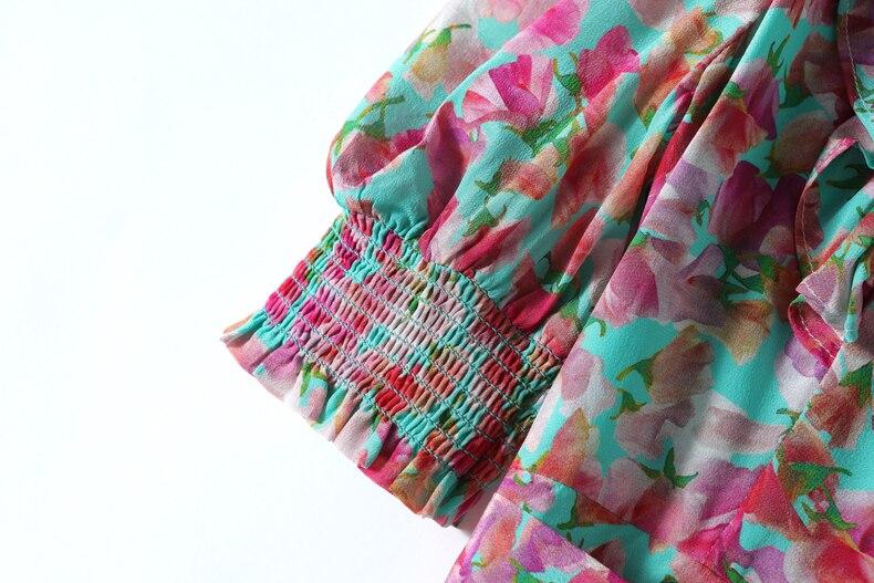 V Neck Short Sleeves Ruffles Sash Belt Printed  Dress Mssaz Desses