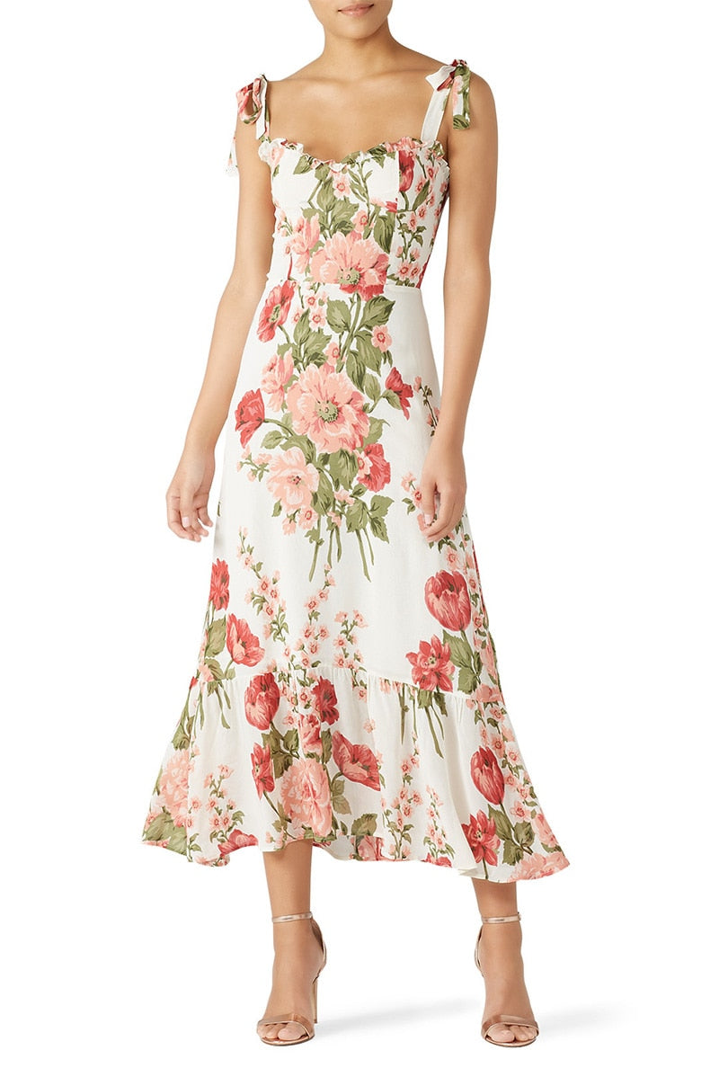 Print Beach Dress Sweetheart Neck Strap Elegant Vintage Chiffon Midi Dress Mssaz Desses