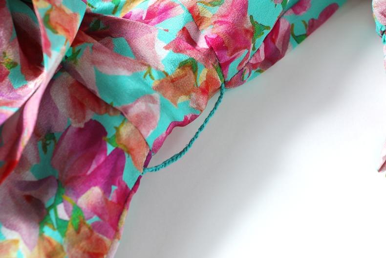 V Neck Short Sleeves Ruffles Sash Belt Printed  Dress Mssaz Desses