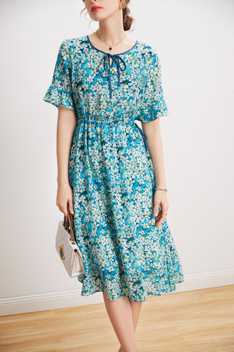 O Neck Short Sleeves Lace Up Waist Floral Printed Elegant  Dress Mssaz Desses