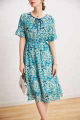 O Neck Short Sleeves Lace Up Waist Floral Printed Elegant  Dress Mssaz Desses