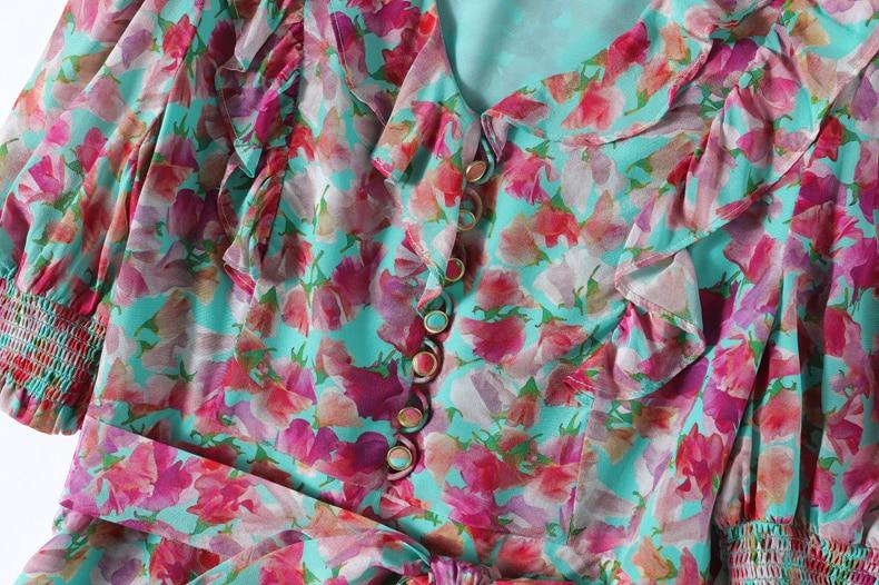V Neck Short Sleeves Ruffles Sash Belt Printed  Dress Mssaz Desses