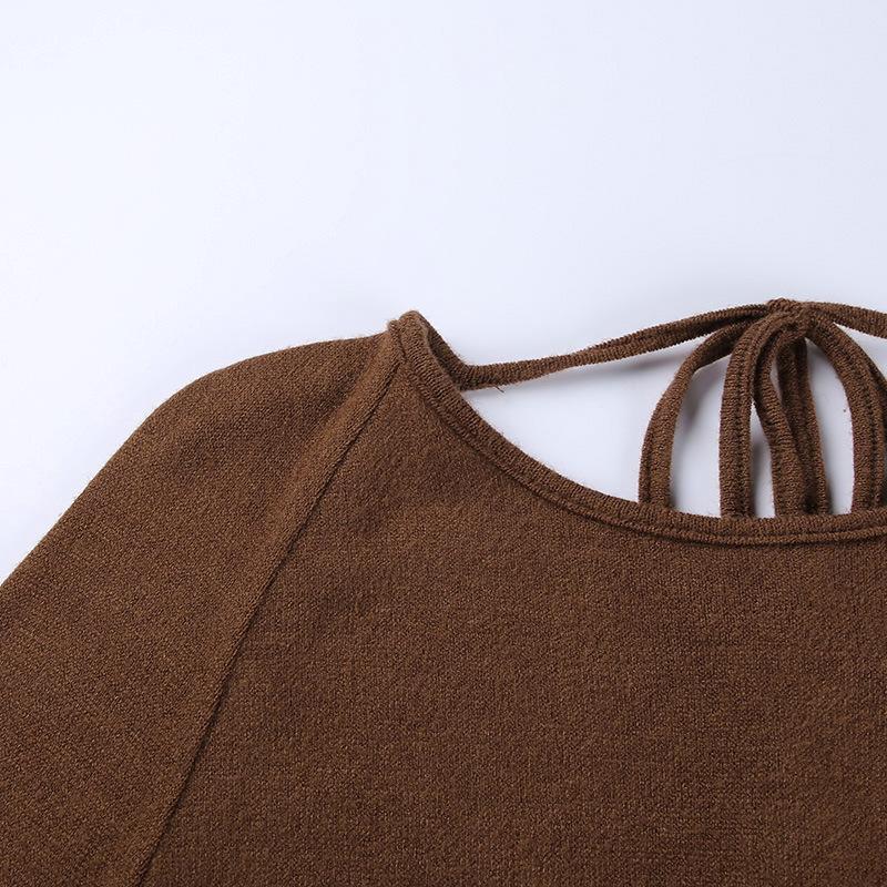 solid knitted open back flared long sleeve maxi dress Mssaz Desses