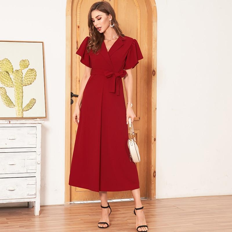 New Solid Color Waist Temperament Feminine Long Over-the-knee Suit Collar Short-sleeved Stretch Dress Mssaz Desses
