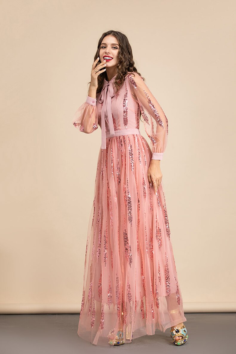 Long Sleeves Sequined Patchwork Elegant Maxi Party Dresses Mssaz Desses