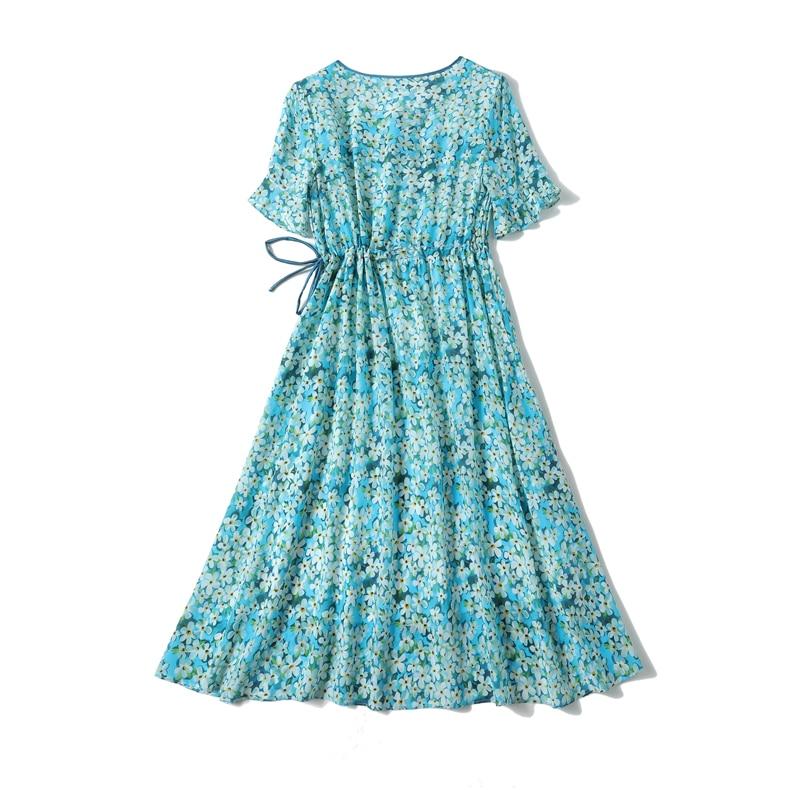O Neck Short Sleeves Lace Up Waist Floral Printed Elegant  Dress Mssaz Desses