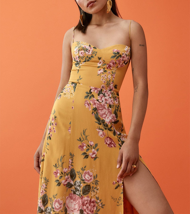 Vintage Midi Dress Side High Slit  Spaghetti Strap Dress Mssaz Desses