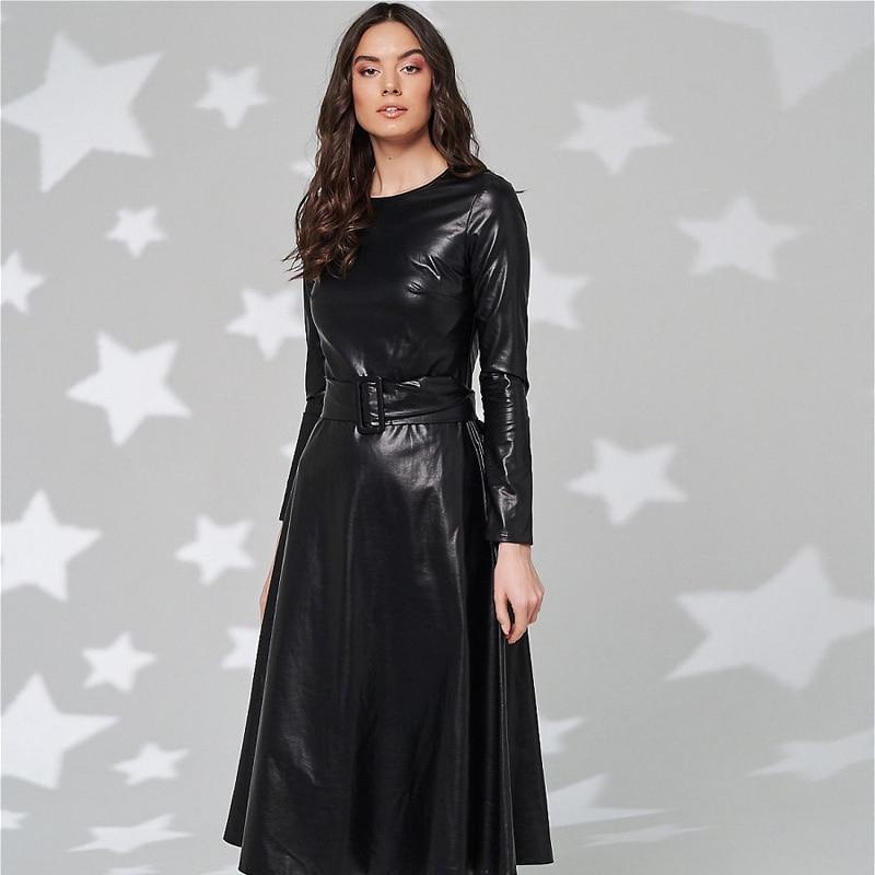 Fit And Flare Winter Dress a Line Pockets Pu Leather Midi Dress Mssaz Desses