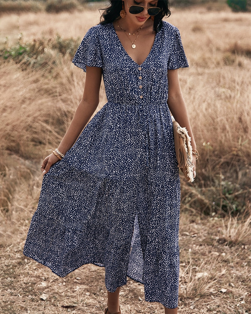 Dot Print Ruffles V Neck Draw String Button Dress Mssaz Desses