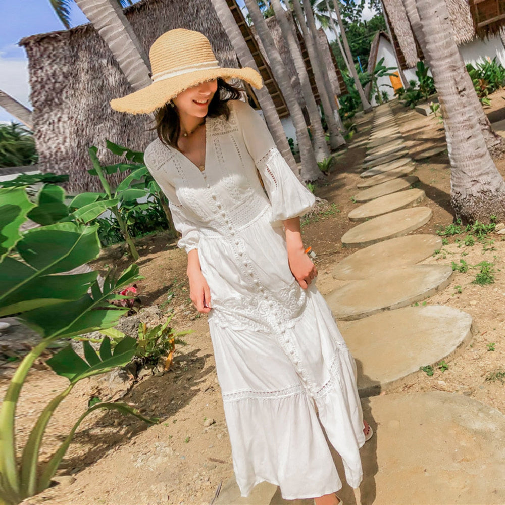 Cotton Patchwork Lace Dresses V-Neck Lantern Sleeve Maxi Dress Mssaz Desses