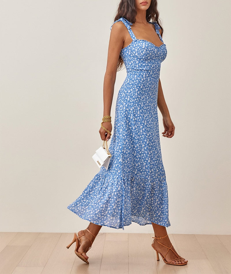 Elegant Ruffle Hem Floral Chiffon Midi Dress Neck Strap Tie  Slip Dress Mssaz Desses