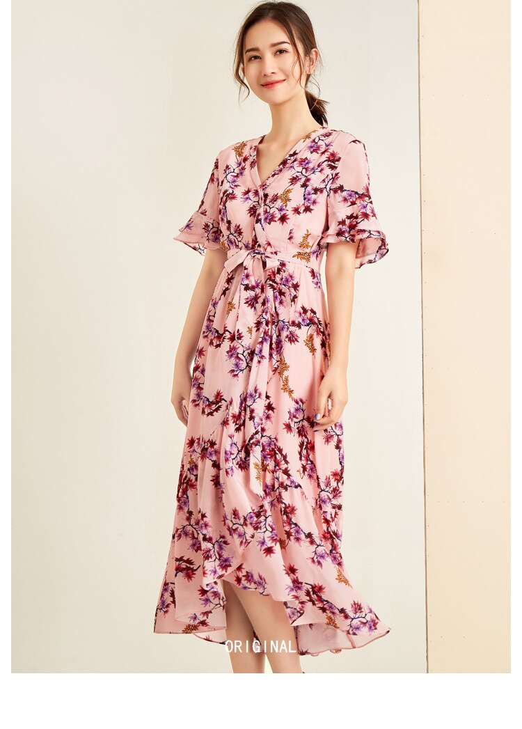 V Neck Ruffles Short Sleeves Printed Casual  Dresses Mssaz Desses