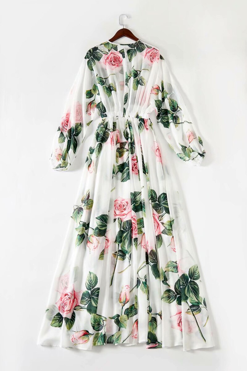Long Sleeves Floral Printed Lace Up Elegant Maxi Design Casual Dress Mssaz Desses