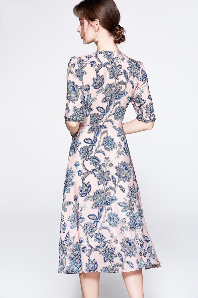 V Neck Short Sleeves Printed Ruched  Dress Mssaz Desses