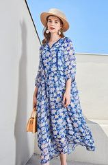 V Neck 3/4 Sleeves Floral Printed Lace Patchwork Holiday Dresses Mssaz Desses