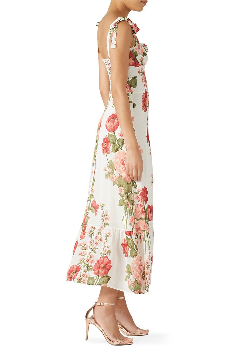 Print Beach Dress Sweetheart Neck Strap Elegant Vintage Chiffon Midi Dress Mssaz Desses