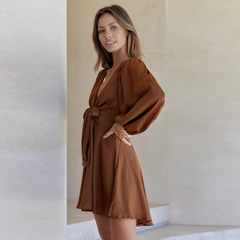 V-Neck Lantern Sleeve  Mini Dress Mssaz Desses