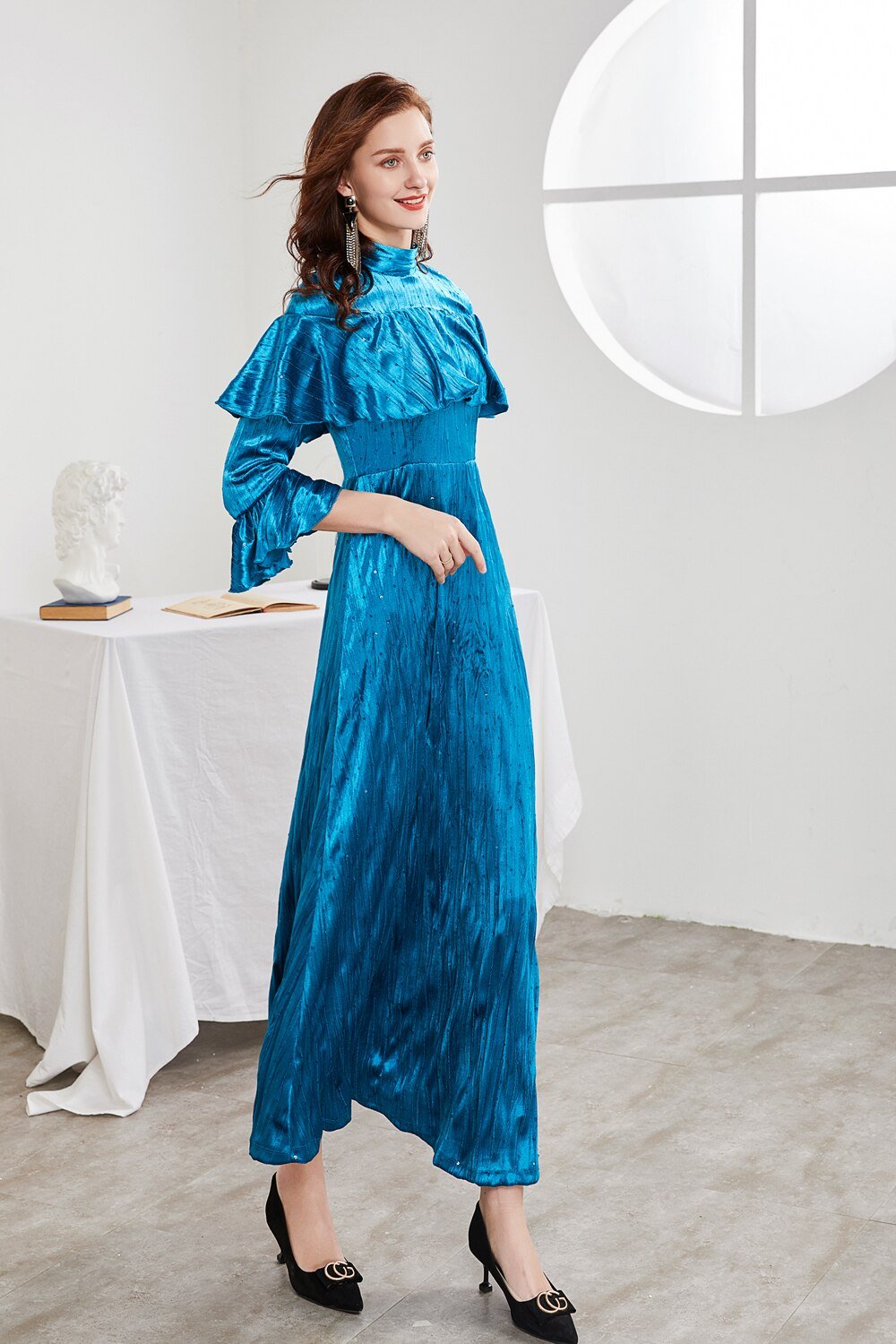 O Neck Long Sleeves Beaded Ruffles Elegant A Line Maxi Party Prom Dress Mssaz Desses
