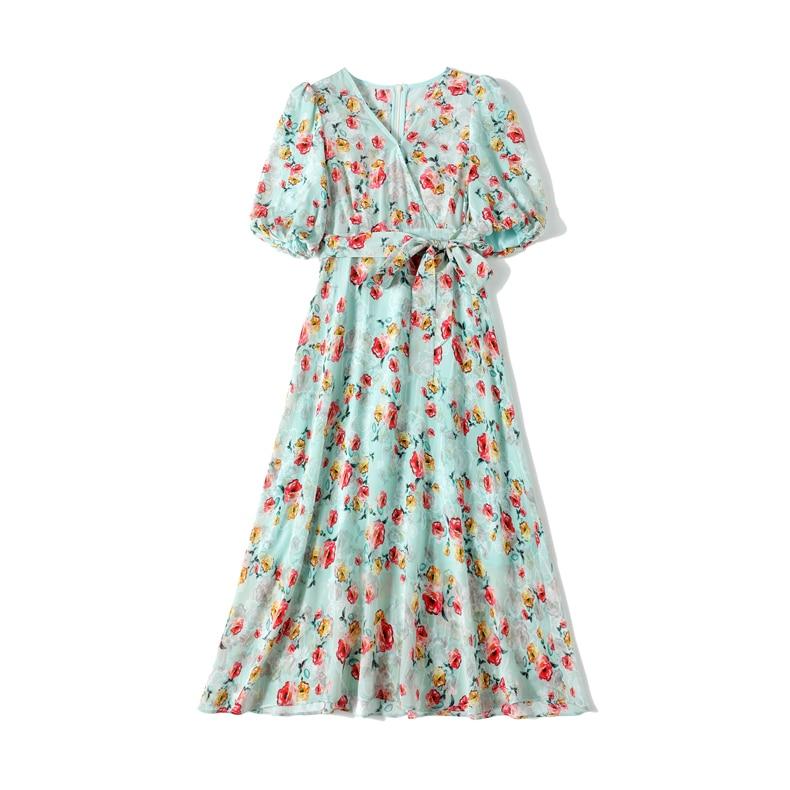 V Neck Short Sleeves Printed Sash Belt  Dress Mssaz Desses