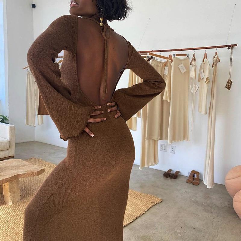 solid knitted open back flared long sleeve maxi dress Mssaz Desses