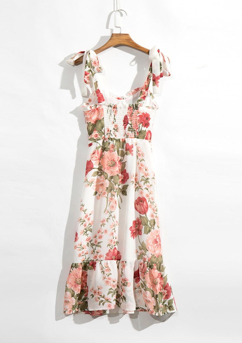 Print Beach Dress Sweetheart Neck Strap Elegant Vintage Chiffon Midi Dress Mssaz Desses
