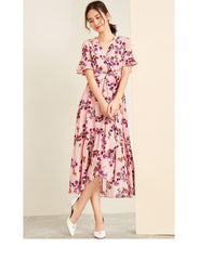 V Neck Ruffles Short Sleeves Printed Casual  Dresses Mssaz Desses