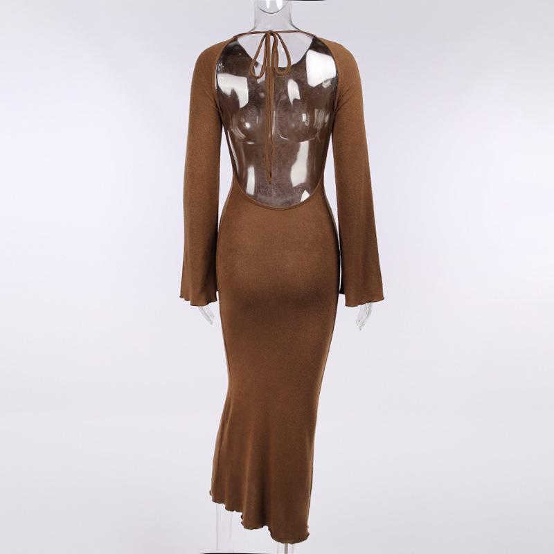 solid knitted open back flared long sleeve maxi dress Mssaz Desses