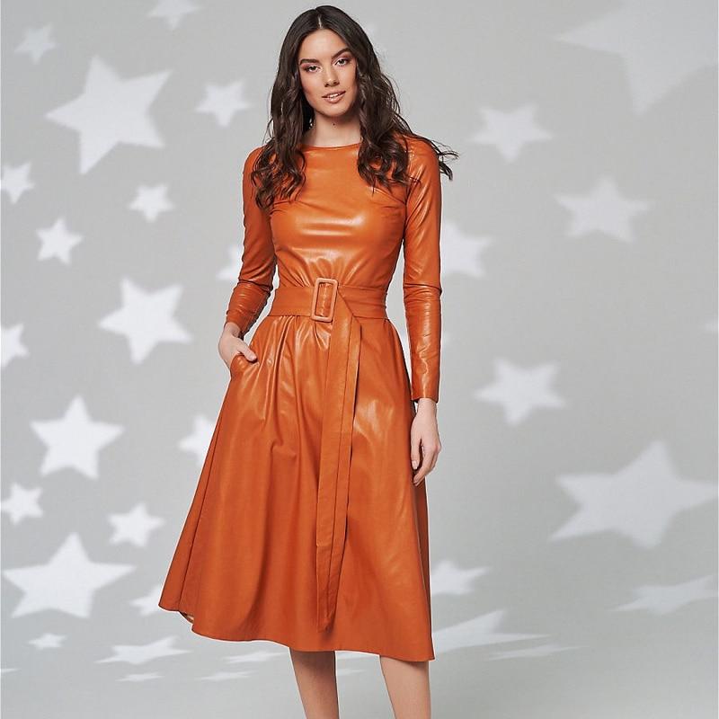 Fit And Flare Winter Dress a Line Pockets Pu Leather Midi Dress Mssaz Desses