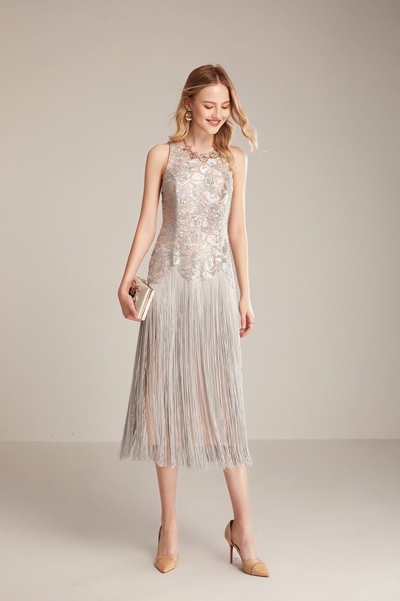 Runway Dresses O Neck Sleeveless Sequined Bodice Tassels Detailing Elegant Mid Calf Party Prom Mssaz Desses