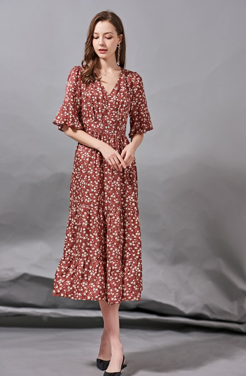 V Neck Short Sleeves Ruffles Printed Elegant  Dress Mssaz Desses