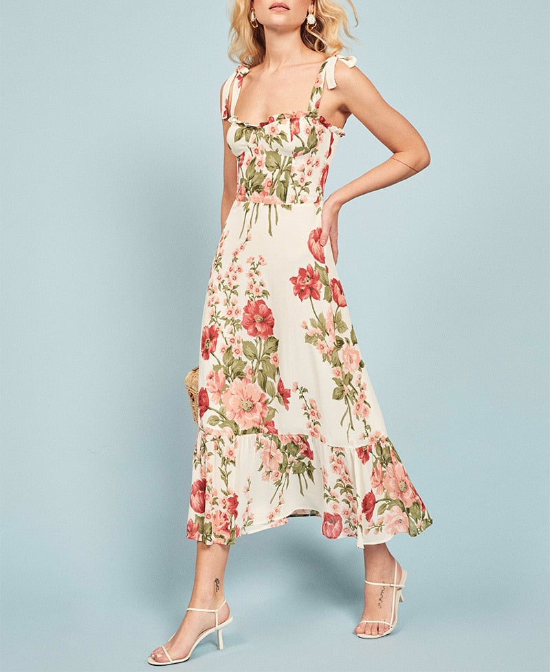 Print Beach Dress Sweetheart Neck Strap Elegant Vintage Chiffon Midi Dress Mssaz Desses