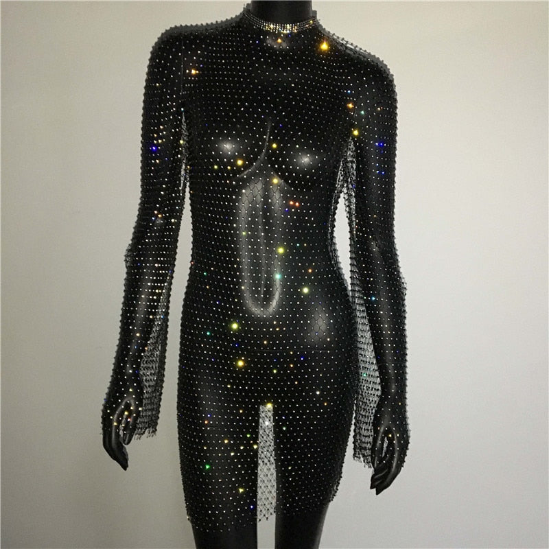 Bling Rhinestones Fishnet Mini Dress  Long Sleeve Crystal Dress Mssaz Desses