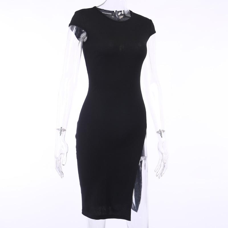 Woman Ribbed Short Sleeve High Slit Bodycon Dress Mssaz Desses