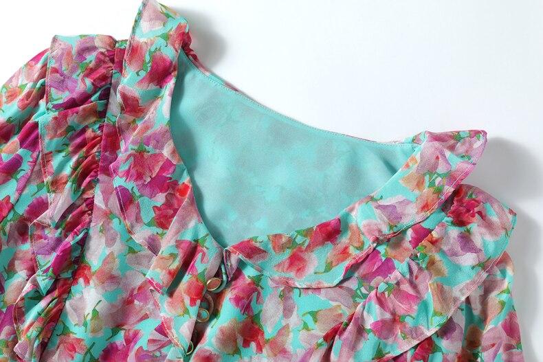 V Neck Short Sleeves Ruffles Sash Belt Printed  Dress Mssaz Desses