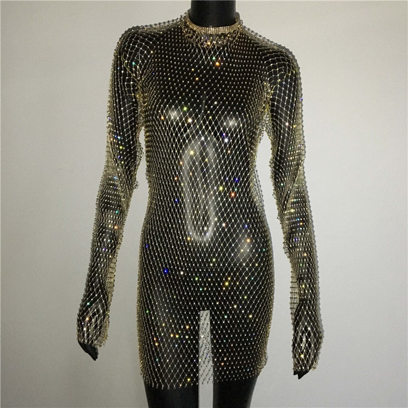 Bling Rhinestones Fishnet Mini Dress  Long Sleeve Crystal Dress Mssaz Desses