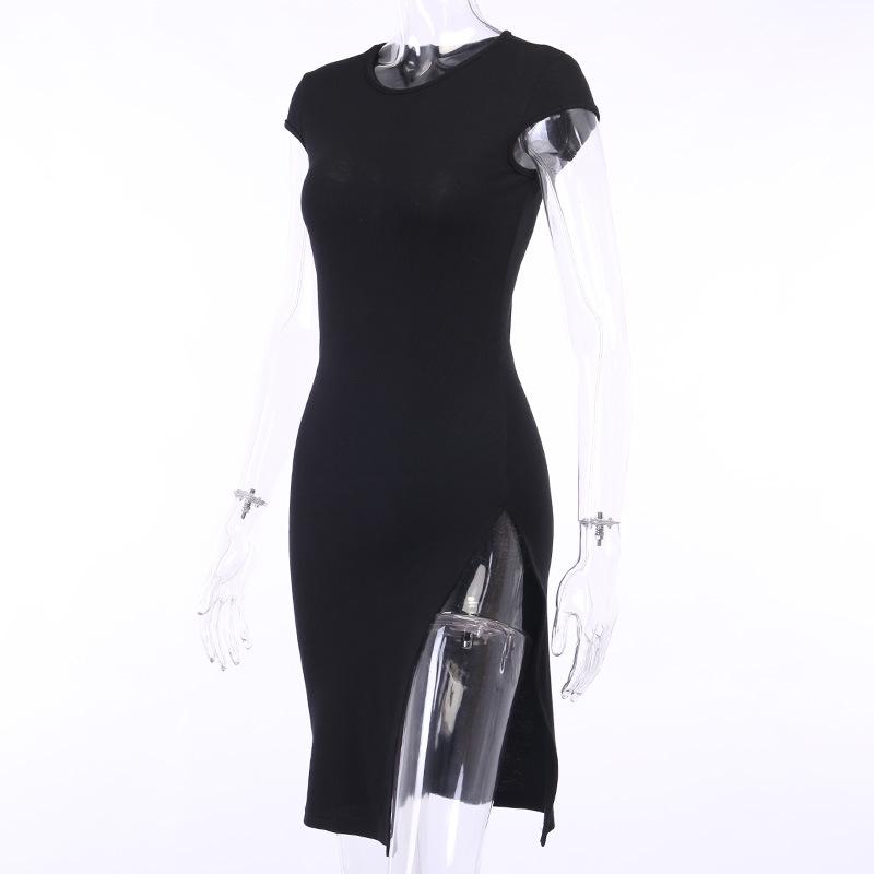 Woman Ribbed Short Sleeve High Slit Bodycon Dress Mssaz Desses