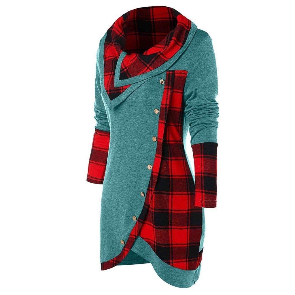 Plaid Colorblock Button Asymmetric Layered Dress Mssaz Desses