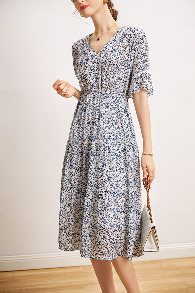 V Neck Short Sleeves Ruffles Floral Printed Holiday Dress Mssaz Desses