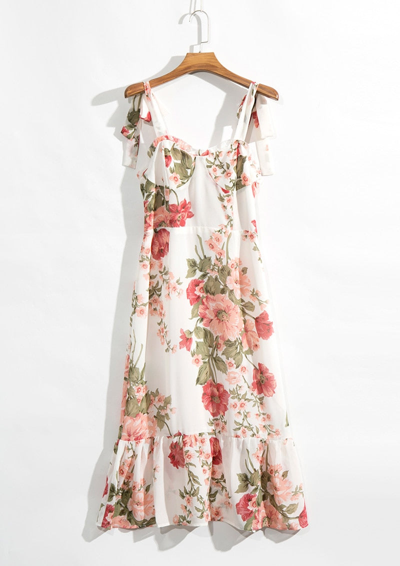 Print Beach Dress Sweetheart Neck Strap Elegant Vintage Chiffon Midi Dress Mssaz Desses