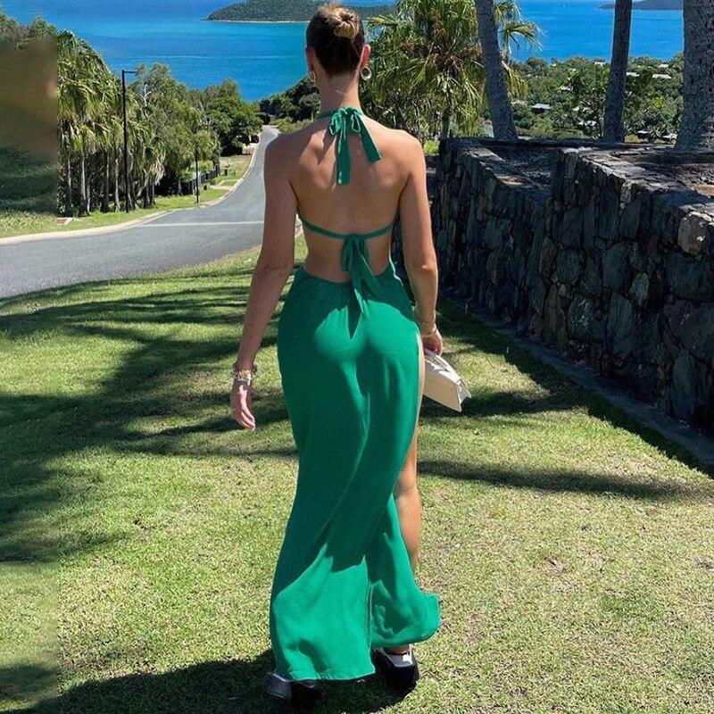 Solid  Open Back Halter Split Maxi Dress Mssaz Desses