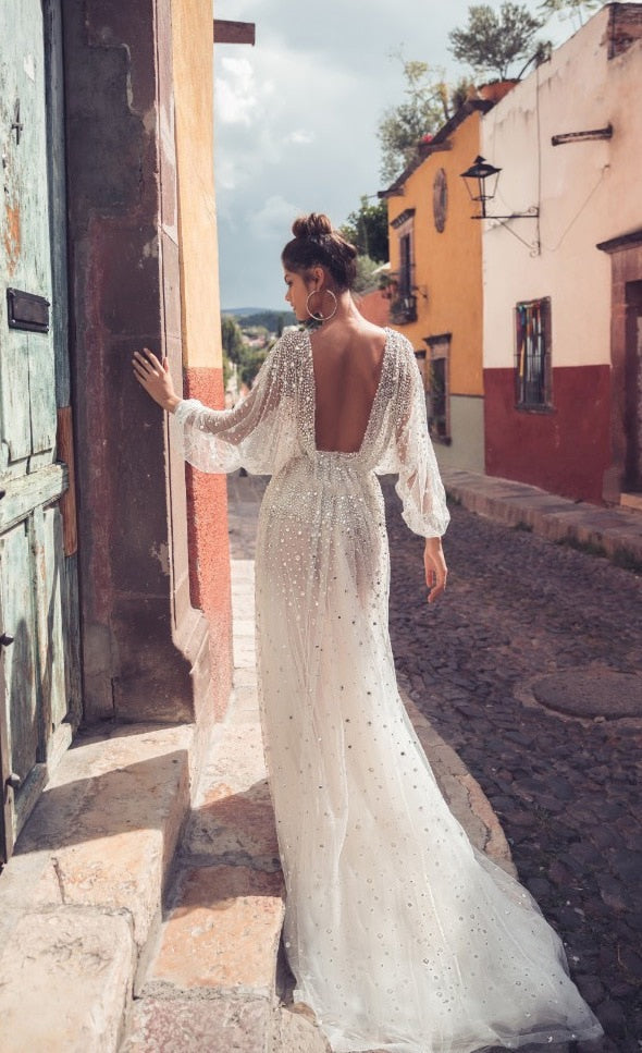 V-Neck Mesh Backless Elegant Prom Party Dress Mssaz Desses