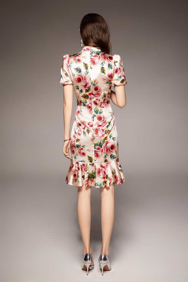 Vintage Stand Collar Short Sleeves Floral Printed Ruffles Elegant Dress Vestidos Mssaz Desses