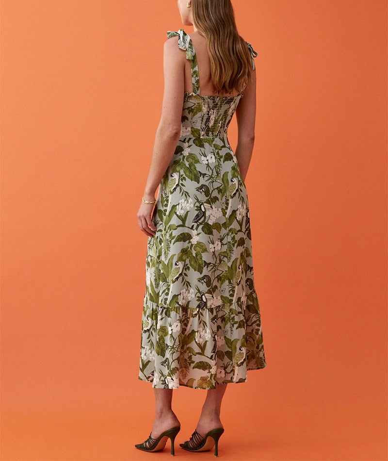 Elegant Ruffle Hem Beach  Dress Sweetheart Neck Tie Strap Midi Dress Mssaz Desses